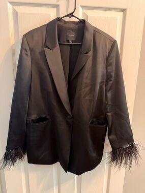 Alex Marie Black Satin Blazer with Feather Cuffs